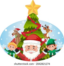 Santa Claus with happy children and Christmas tree illustration