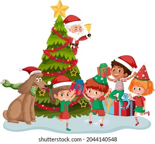 Santa Claus with happy children and Christmas tree illustration