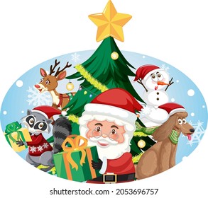 Santa Claus with happy children and Christmas tree illustration