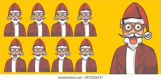 
Santa Claus with happy, confused, sad and anxious facial expressions.  Christmas holiday vector illustration in flat cartoon style