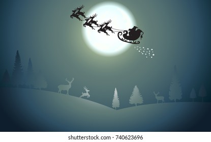 Santa claus happy merry christmas, Background of full moon in night sky. Illustration vector 