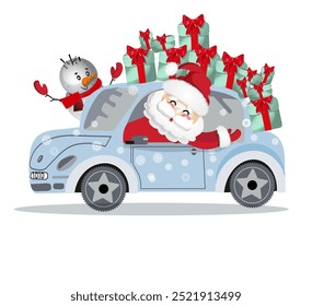 santa claus in happy new year blue car and snowman christmas present, boxs gift it ribbon