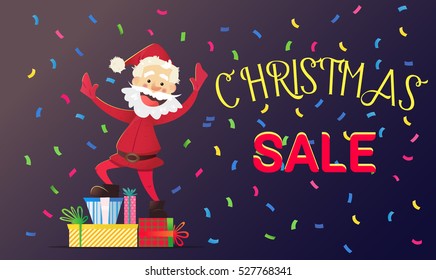 Santa Claus happy New Year and Christmas discounts. Vector illustrations in cartoon style. Christmas sale