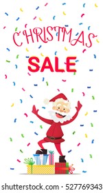 Santa Claus happy New Year and Christmas discounts. Vector illustrations in cartoon style. Christmas sale