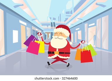 Santa Claus: Feliz paseo de compras con bolsas en el centro comercial. Ilustración de vectores planos navideños en el centro comercial