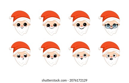 Santa Claus with happy smile in red cap. Cute character with joyful face in festive costume for New Year and Christmas. Head with set of funny and scared emotions. Vector flat illustration