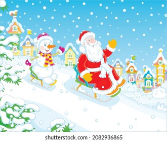 Santa Claus and a happy snowman sledding down a snow hill on a winter playground in a beautiful snowy park of a pretty small town, vector cartoon illustration