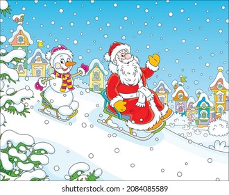 Santa Claus and a happy snowman sledding down a snow hill on a winter playground in a beautiful snowy park of a pretty small town, vector cartoon illustration
