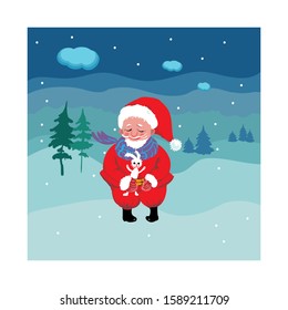 Santa Claus with a hare against the backdrop of a snowy forest