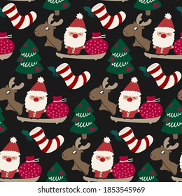Santa Claus in a Harry for the New Year Evening Seamless Pattern on black. Deer and Gift Sock is available too. Christmas Vector Illustration.