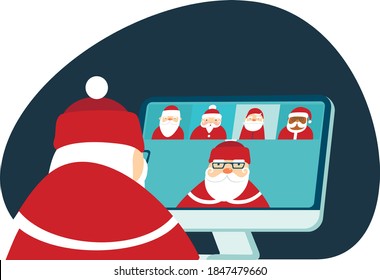 Santa Claus has a conference video call with his colleagues from all around the world. Social distancing during coronavirus covid-19 pandemic flat vector concept illustration.