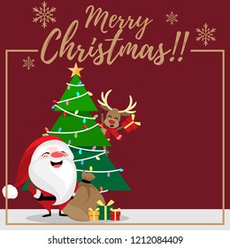 Santa Claus has gift box bag with reindeer wearing red scarf and holding gift box on Christmas tree and Merry Christmas text frame with snowflakes on red background. Winter holidays season cartoon.