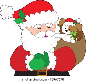 Santa Claus has a puppy in his sack.  The puppy is wearing a Santa hat too