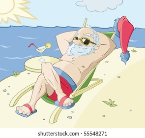 Santa Claus has a rest on a beach