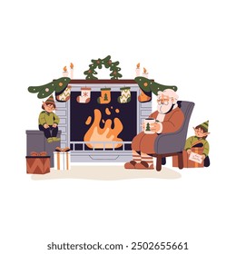 Santa Claus has a rest, sleeps on armchair on fireside. Elves prepare Xmas gift for old man for holiday. Decorated with socks, Christmas wreath fireplace. Flat isolated vector illustration on white