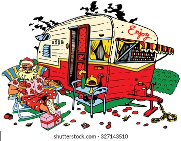 Santa Claus has a rest.Caravan Christmas. Happy New Year card design.