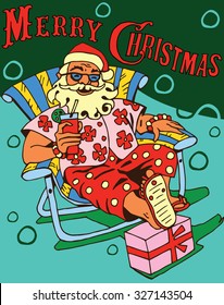 Santa Claus has a rest.Tropical Christmas. Happy New Year card design.