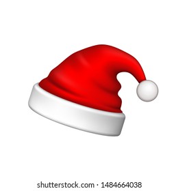 Santa Claus hat 3D. Realistic Santa Claus hat isolated on white background. Red funny cap silhouette. Merry Christmas clothes cute design. New year decoration wear costume Vector illustration