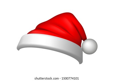 Santa Claus hat 3D. Realistic Santa Claus hat isolated on white background. Red funny cap silhouette. Merry Christmas clothes cute design. New year decoration wear costume Vector illustration