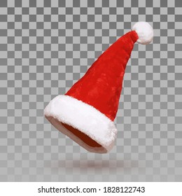 Santa Claus hat 3D. Realistic Santa Claus hat isolated on transparent background. Red funny cap silhouette. Merry Christmas clothes cute design. New year decoration wear costume Vector illustration