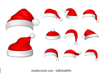 Santa Claus hat 3D set. Realistic Santa Claus hat isolated on white background. Red funny cap silhouette. Merry Christmas clothes cute design. New year decoration wear costume Vector illustration