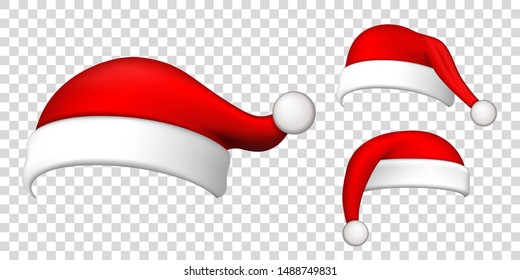 Santa Claus hat 3D set. Realistic Santa Claus hat isolated transparent background. Red funny cap silhouette. Merry Christmas clothes cute design. New year decoration wear costume Vector illustration