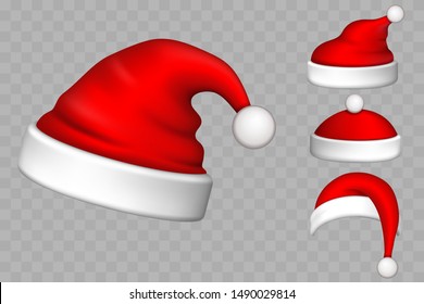 Santa Claus hat 3D set. Realistic Santa Claus hat isolated transparent background. Red funny cap silhouette. Merry Christmas clothes cute design. New year decoration wear costume Vector illustration