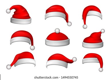 Santa Claus hat 3D set. Realistic Santa Claus hat isolated on white background. Red funny cap silhouette. Merry Christmas clothes cute design. New year decoration wear costume Vector illustration