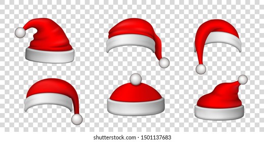 Santa Claus hat 3D set. Realistic Santa Claus hat isolated transparent background. Red funny cap silhouette. Merry Christmas clothes cute design. New year decoration wear costume Vector illustration