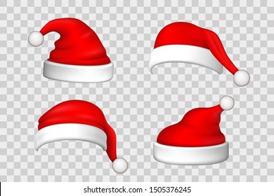 Santa Claus hat 3D set. Realistic Santa Claus hat isolated transparent background. Red funny cap silhouette. Merry Christmas clothes cute design. New year decoration wear costume Vector illustration