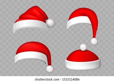 Santa Claus hat 3D set. Realistic Santa Claus hat isolated transparent background. Red funny cap silhouette. Merry Christmas clothes cute design. New year decoration wear costume Vector illustration