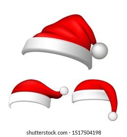 Santa Claus hat 3D set. Realistic Santa Claus hat isolated on white background. Red funny cap silhouette. Merry Christmas clothes cute design. New year decoration wear costume Vector illustration