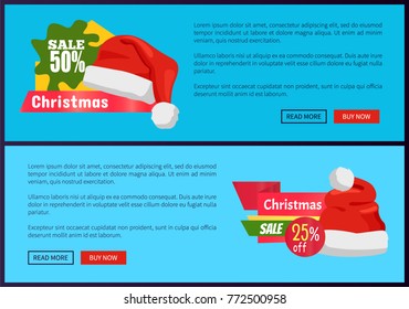 Santa Claus hat and 55 % off sign on discount labels vector illustration advertisement posters with text, Christmas sale web banners isolated on blue