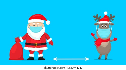 santa claus en un sombrero con una bolsa de regalos y un ciervo polar con una bufanda roja al estilo de las caricaturas. concepto de distanciamiento social por el cóvido 19. quédate en casa. ilustración vectorial