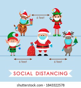 Santa Claus in a hat with a bag of gifts, an elf and a polar deer in a red scarf and a bull with a gift in a cartoon style and an elf girl. social distancing concept due to covid 19. stay home