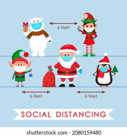 Santa Claus in a hat with a bag of gifts, an elf and a penguin, a polar bear with a gift in a cartoon style. social distancing concept due to covid 19. stay home for winter break and Xmas