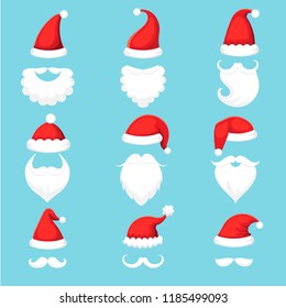 Santa Claus hat and beard. Christmas traditional red warm hats with fur, white beards with mustaches cap silhouette. Xmas wearing mask for mobile app. Cartoon illustration vector isolated icons set