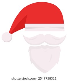 Santa Claus hat and beard flat icon isolated on white background.