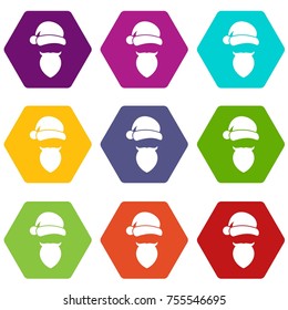 Santa Claus hat and beard icon set many color hexahedron isolated on white vector illustration