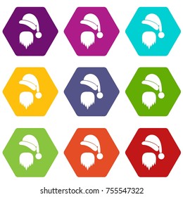 Santa Claus hat and beard icon set many color hexahedron isolated on white vector illustration