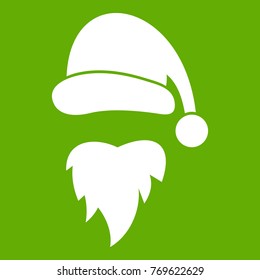 Santa Claus hat and beard icon white isolated on green background. Vector illustration