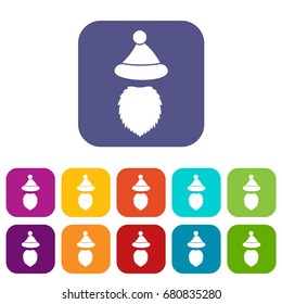 Santa Claus hat and beard icons set vector illustration in flat style in colors red, blue, green, and other
