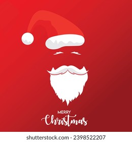 Weihnachtsmütze und Bart mit fröhlichem Weihnachtsgruß. Weihnachtsmütze und Bart auf rotem Hintergrund, Weihnachtsgrußkarte, Papierkunst und Kunsthandwerk. Vektorgrafik
