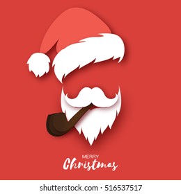 Santa Claus hat and beard. Merry Christmas greeting card with papercraft Santa Claus with pipe on red background. Hipster style. Vector illustration