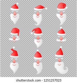 Santa Claus hat and beard with nose and mouth mask set on transparent background.Vector holiday face template with red hat