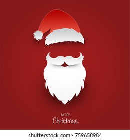 Santa Claus hat and beard on red background, Christmas greeting card ,paper art and craft style ,Vector illustration.