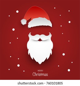 Santa Claus hat and beard on red background, Christmas greeting card ,paper art and craft style ,Vector illustration.
