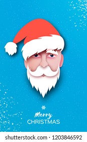 Santa Claus hat and beard in paper cut style. Origami Merry Christmas and Happy New Year Greetings card. Winter holidays. Blue.