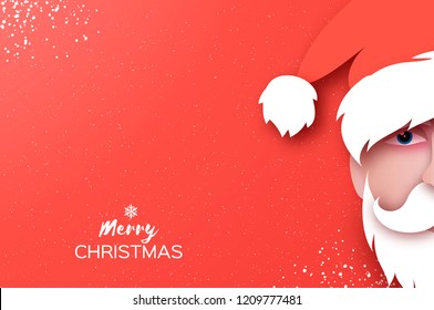 Santa Claus hat and beard in paper cut style. Origami Merry Christmas and Happy New Year Greetings card. Winter holidays. Red