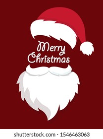 Santa Claus hat and beard. Red Merry Christmas Card Illustration
